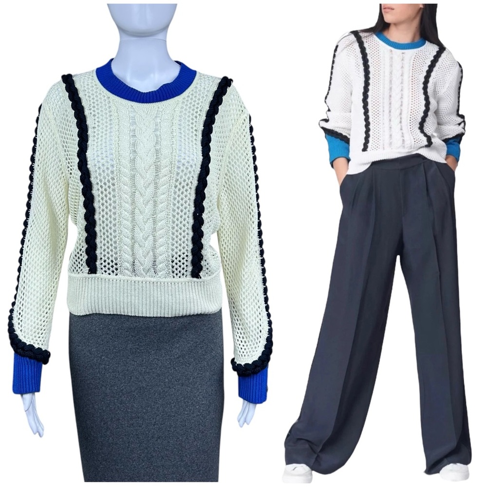 Rag & Bone Celina Mesh Crochet Sweater Sz XS Braid Details Preppy Nautical